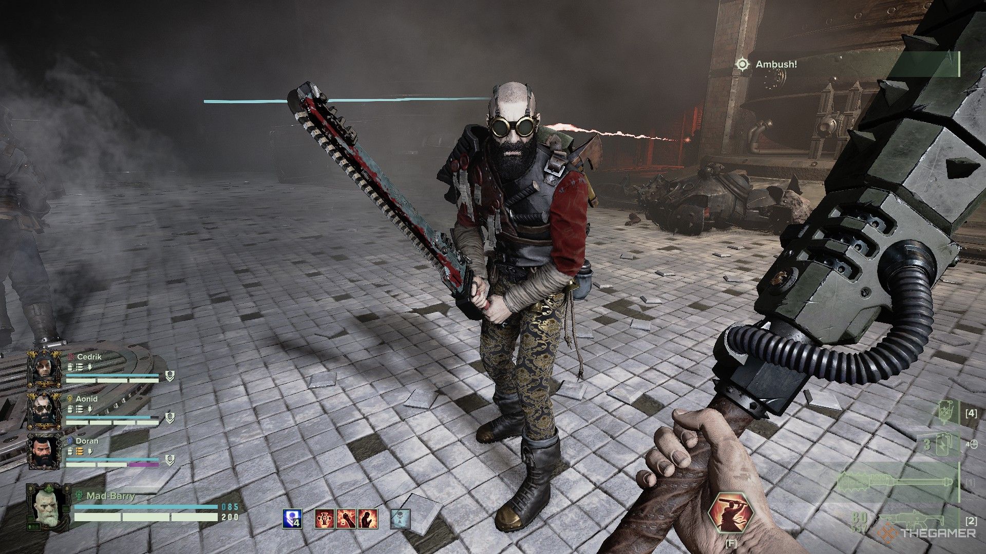 Warhammer 40,000: Darktide - A zealot with an eviscerator chain sword.