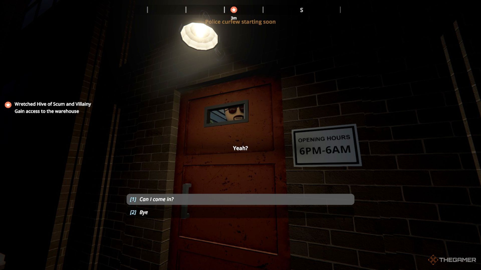 Player speaking to the door guard at the Warehouse to get access to it at night in Schedule 1.