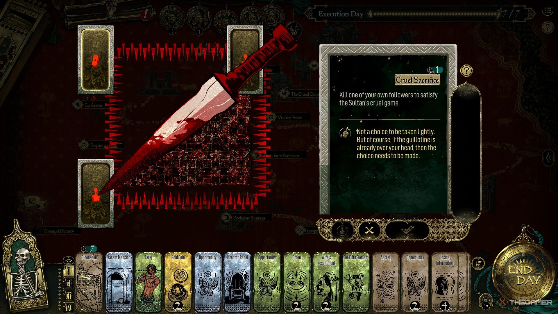 The player in Sultan's Game prepares to murder a friend to satisfy a card. 