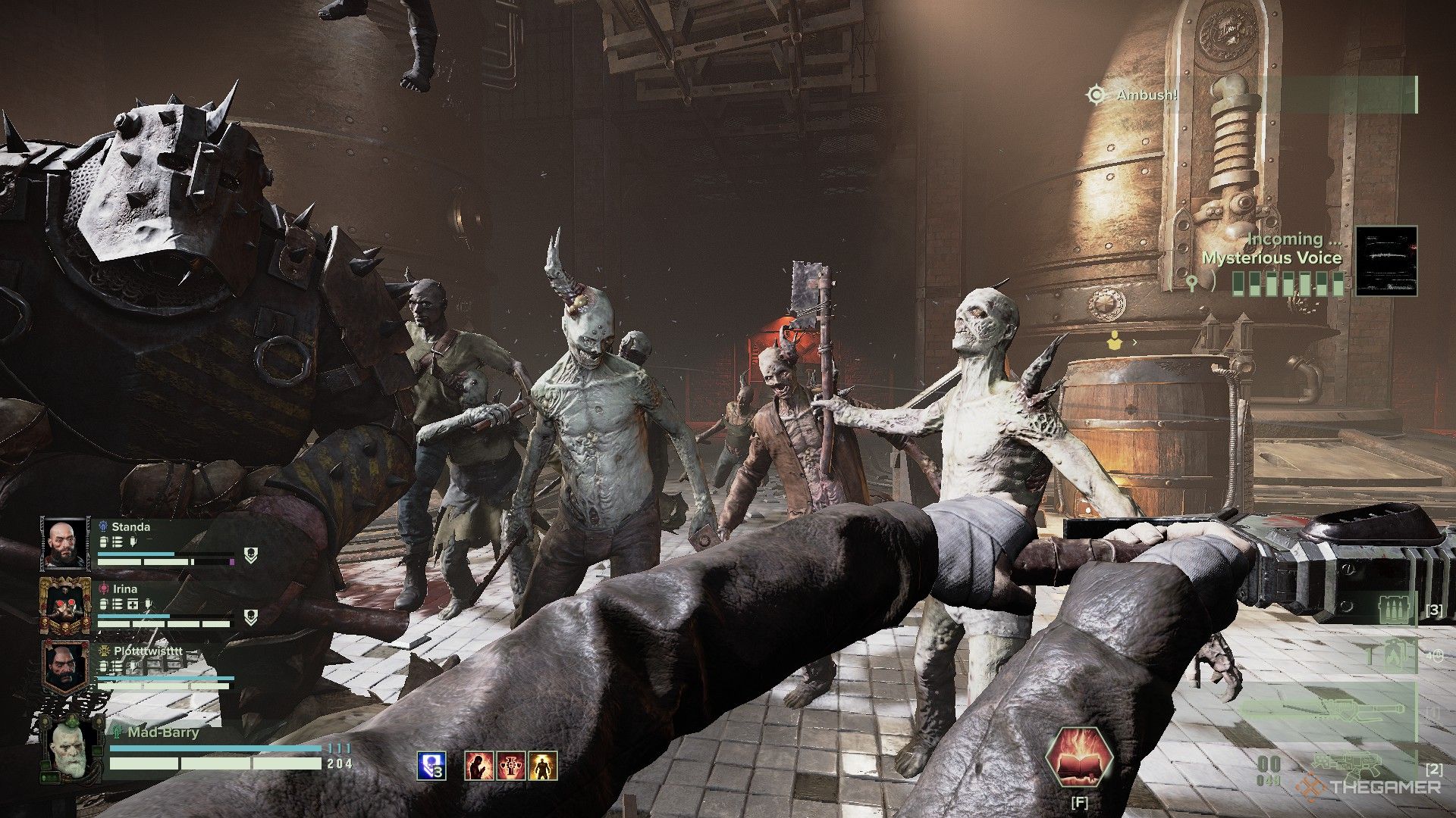Warhammer 40,000: Darktide - The Zealot chopping through cultists with their big chainsword.