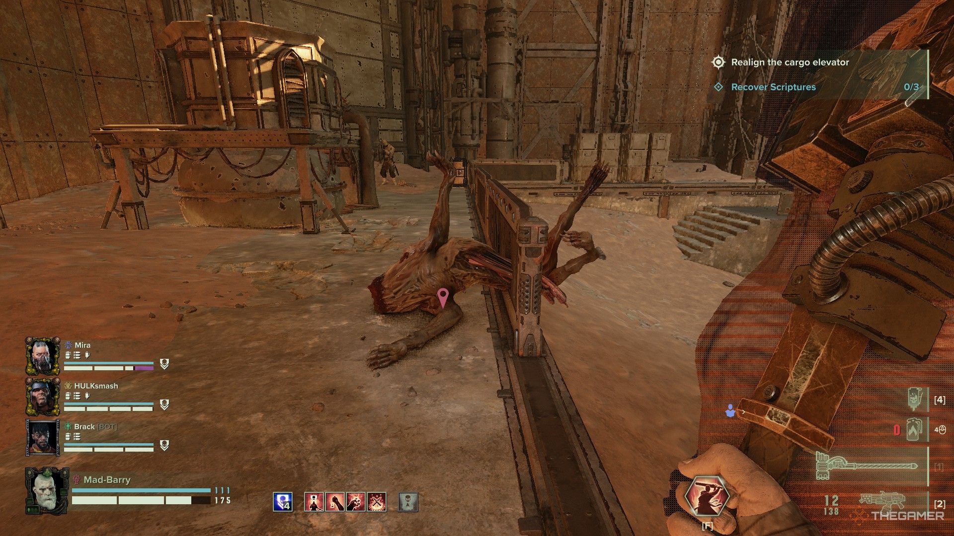 Warhammer 40,000: Darktide - A pox hound corpse sticking through a piece of scenery.