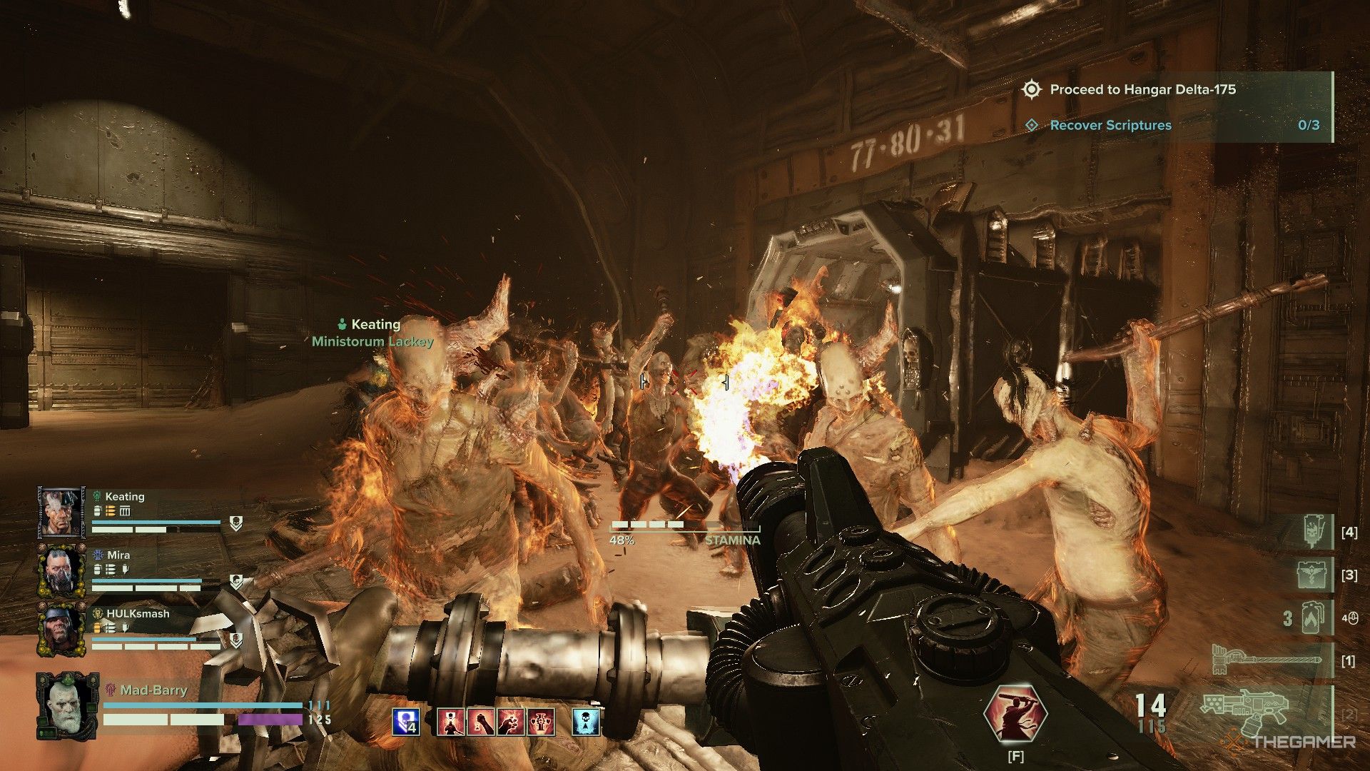 Warhammer 40,000: Darktide - A horde of nurgle zombies burning from a flamethrower.