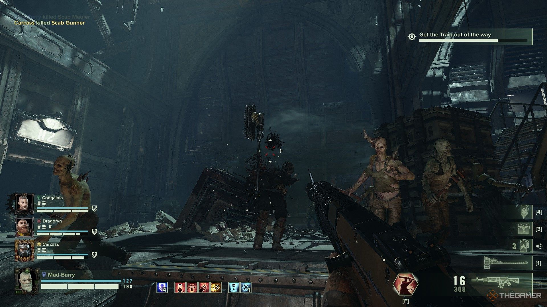 Warhammer 40,000: Darktide - A heavily armed warriors head explodes under rifle fire.