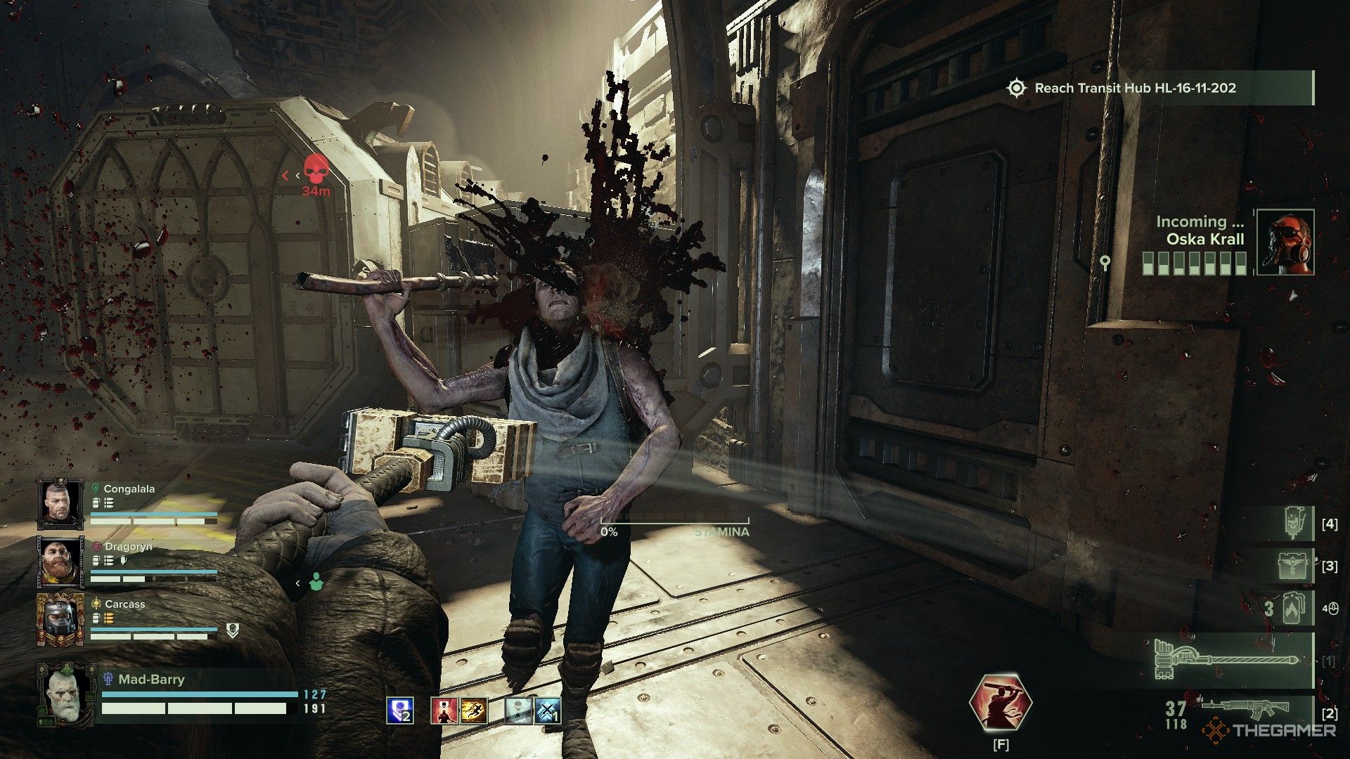 Warhammer 40,000: Darktide - A zealots thunder hammer pasting a cultist.