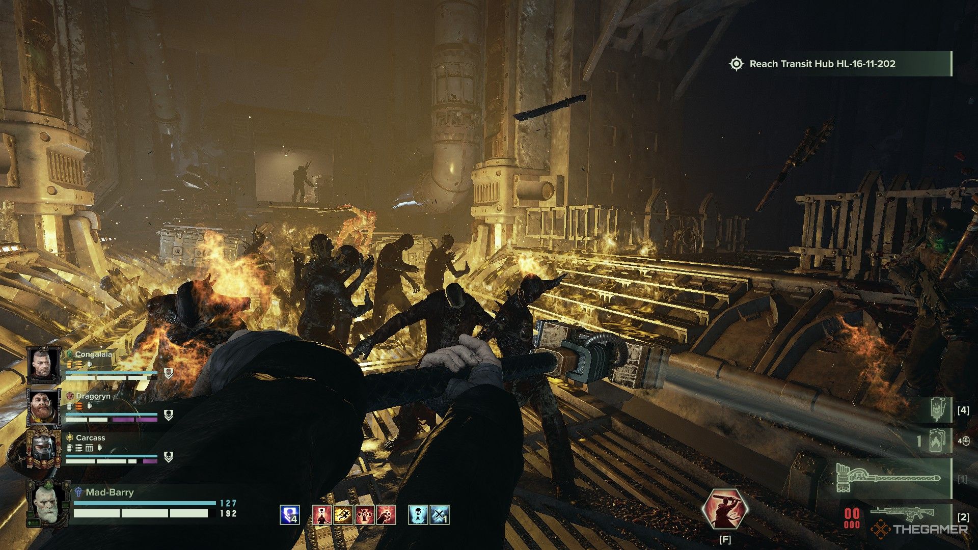 Warhammer 40,000: Darktide - Cultists smacked into smithereens with the Zealots thunder hammer.