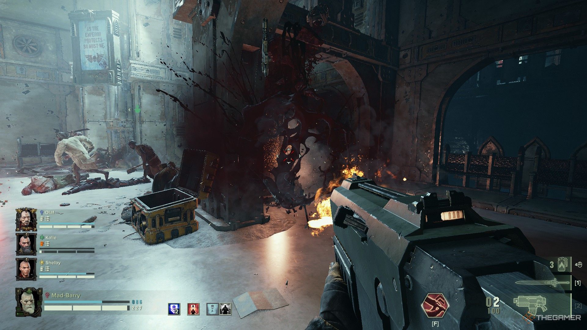 Warhammer 40,000: Darktide - Dregs reduced to clouds of gore from Bolter fire.