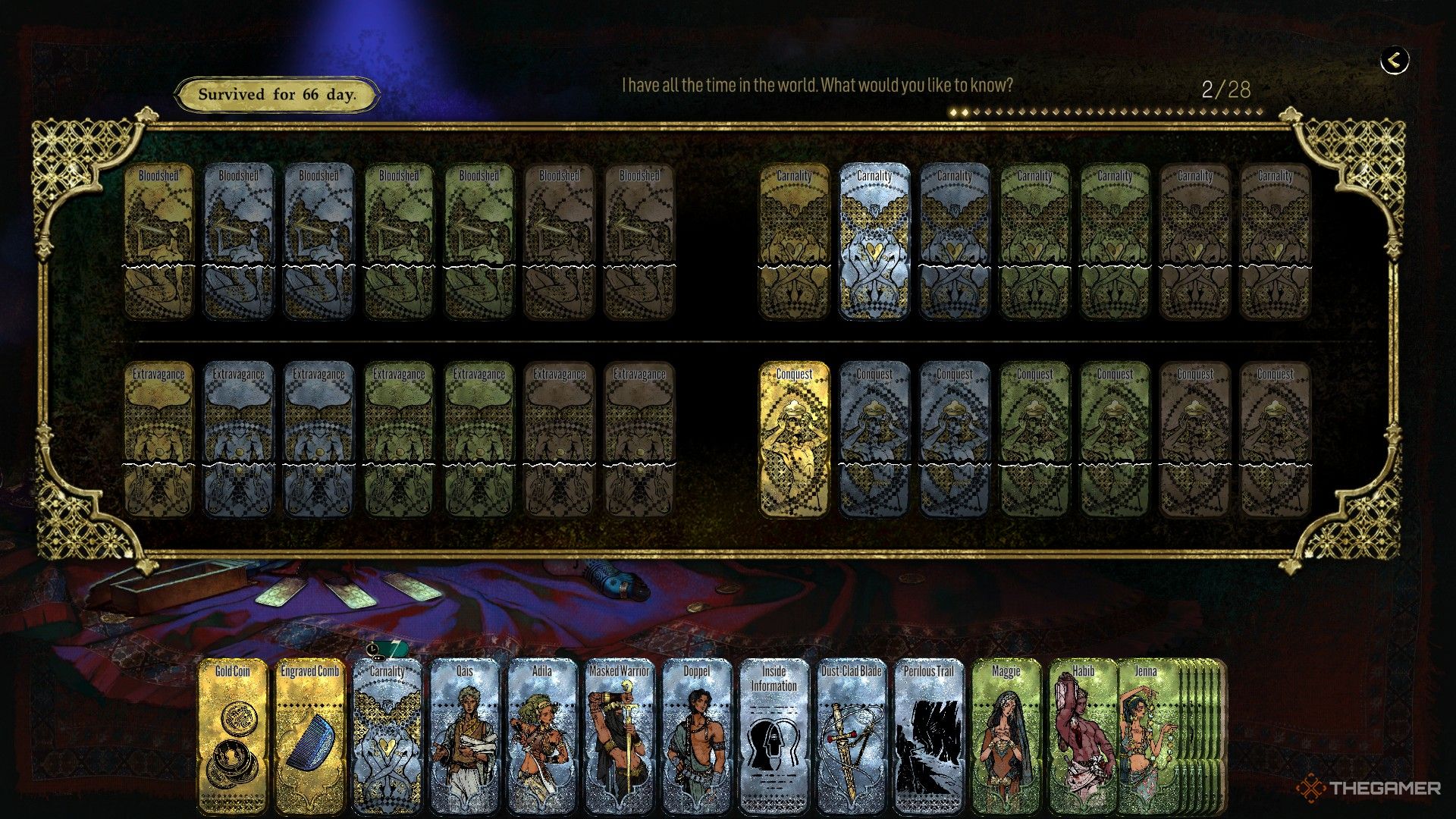A nearly completed deck of Sultan's Game cards. The gold conquest card remains. 