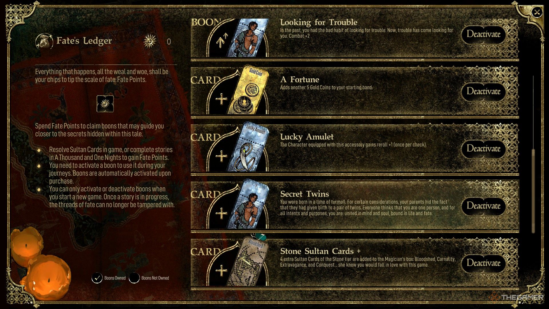 The fates ledger of Sultan's Game, showing the secret twins card. 