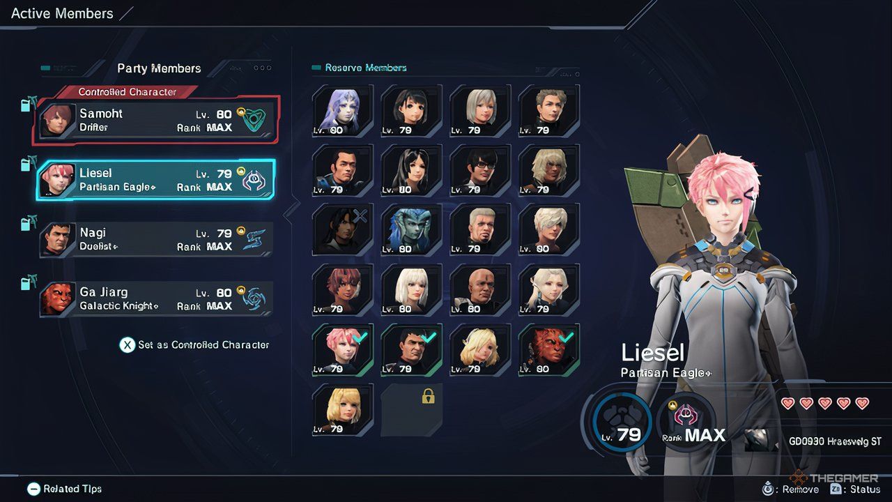 The active party member menu showing each of the different party members in Xenoblade Chronicles X: Definitive Edition.