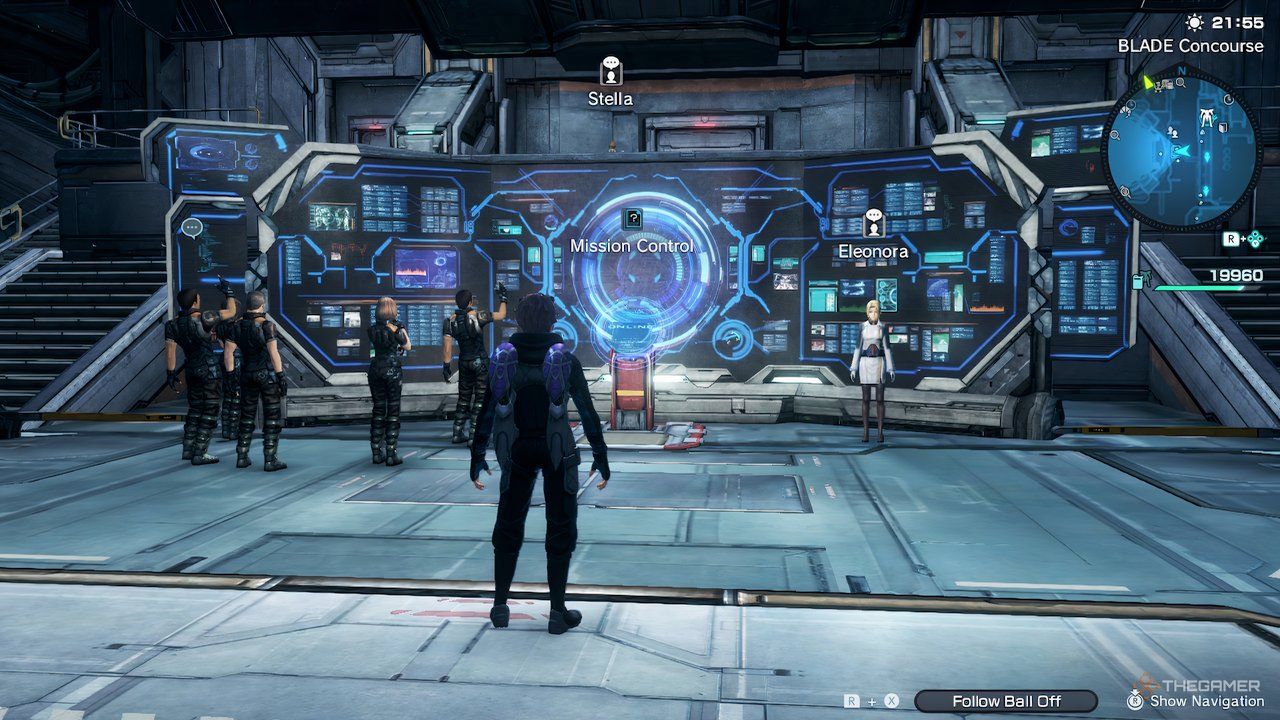 The player character standing in front of the B.L.A.D.E. concourse in Xenoblade Chronicles X: Definitive Edition.