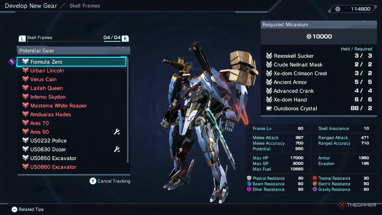 The creation menu for the Formula Zero Skell in Xenoblade Chronicles X: Definitive Edition.
