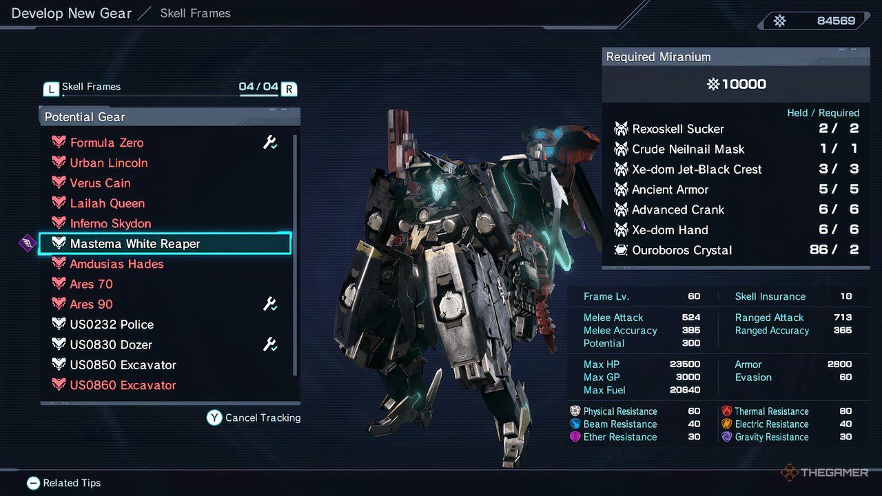 The creation menu for the Mastema White Reaper Skell in Xenoblade Chronicles X: Definitive Edition.