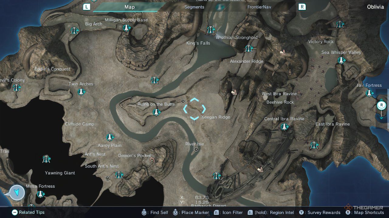 A map of the Oblivia region in Xenoblade Chronicles X: Definitive Edition.