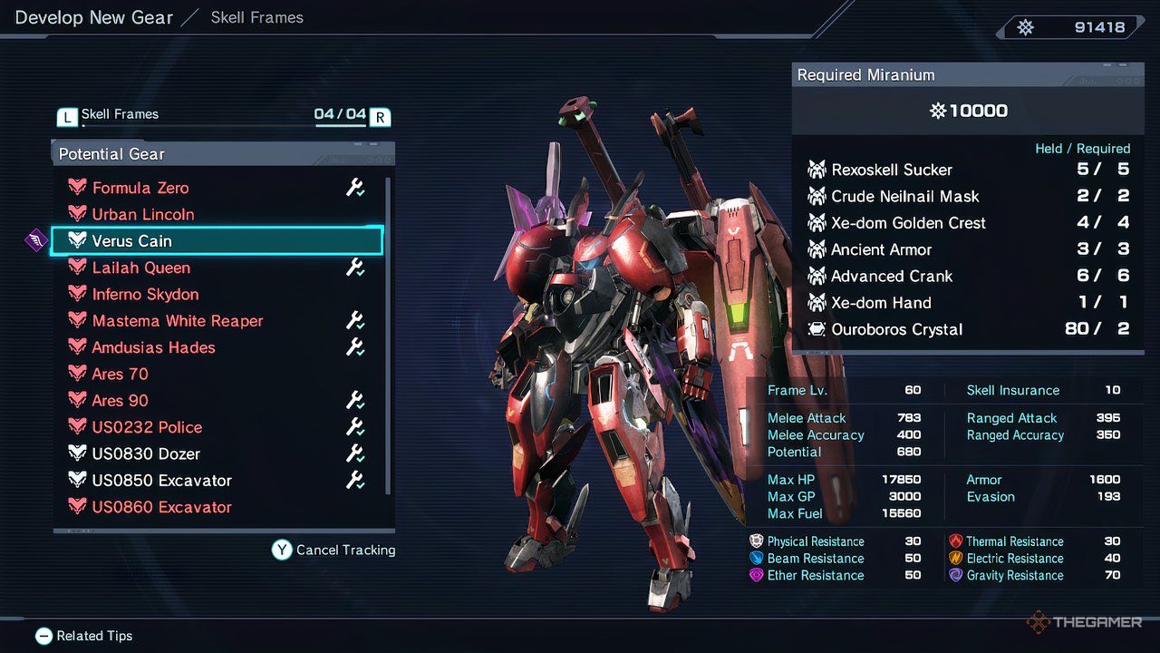 The creation menu for the Verus Cain Skell in Xenoblade Chronicles X: Definitive Edition.