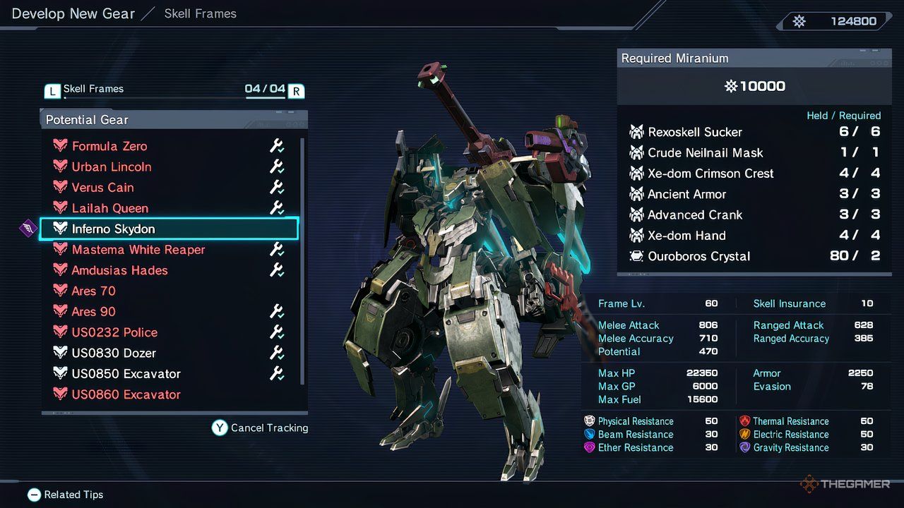 The creation menu for the Inferno Skydon Skell in Xenoblade Chronicles X: Definitive Edition.