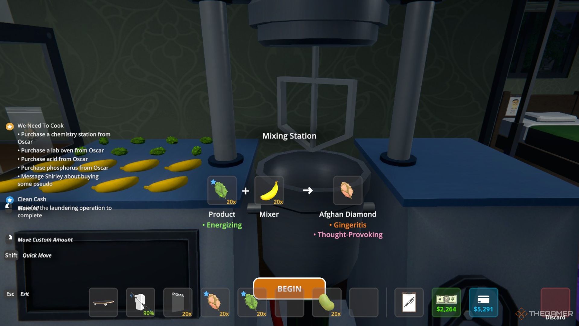 Player character mixing Green Crack and Bananas together in a Mixing Station Mk2 in Schedule 1.