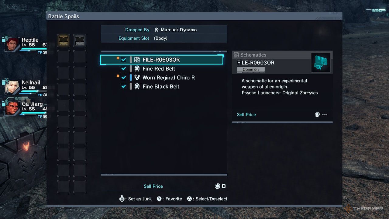 An enemy dropping a weapon blueprint in xenoblade chronicles x definitive edition.