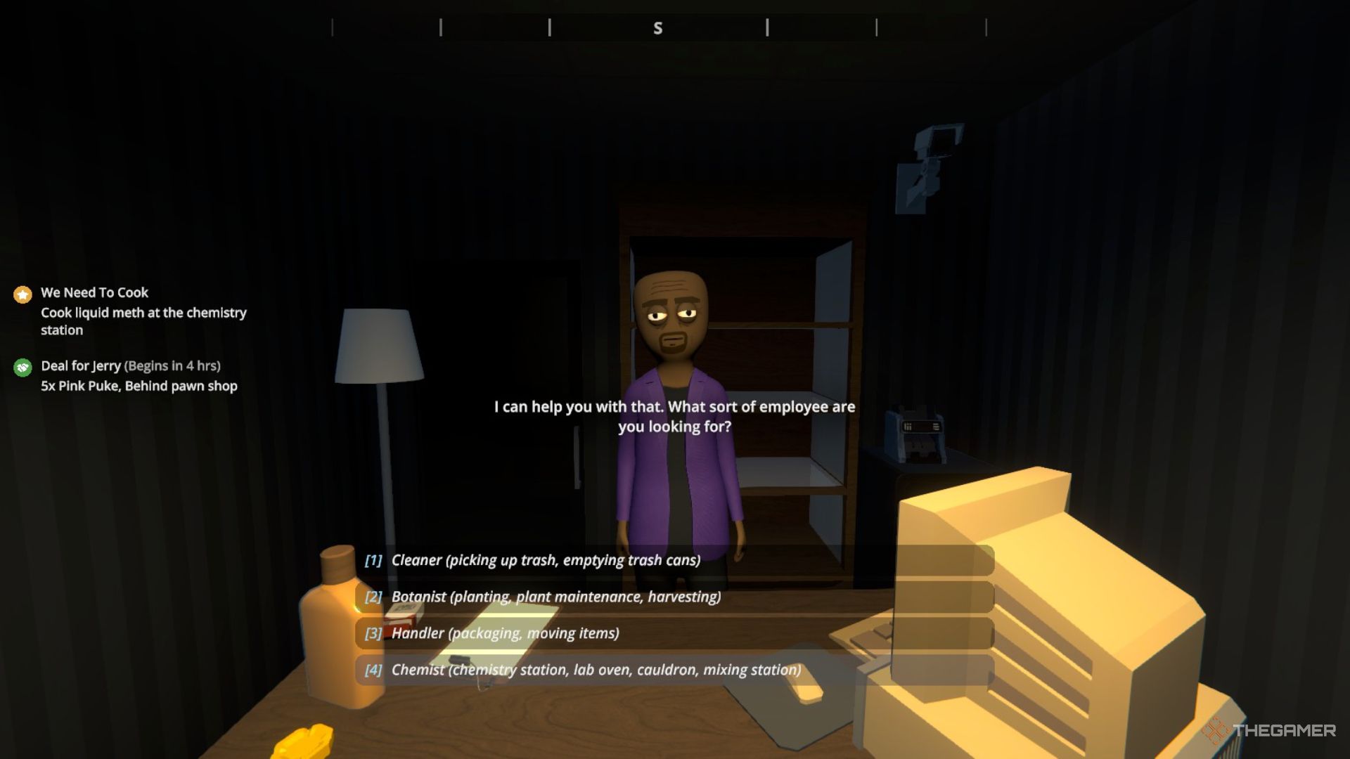 Player character hiring an employee from Manny the Fixer in the Warehouse in Schedule 1.