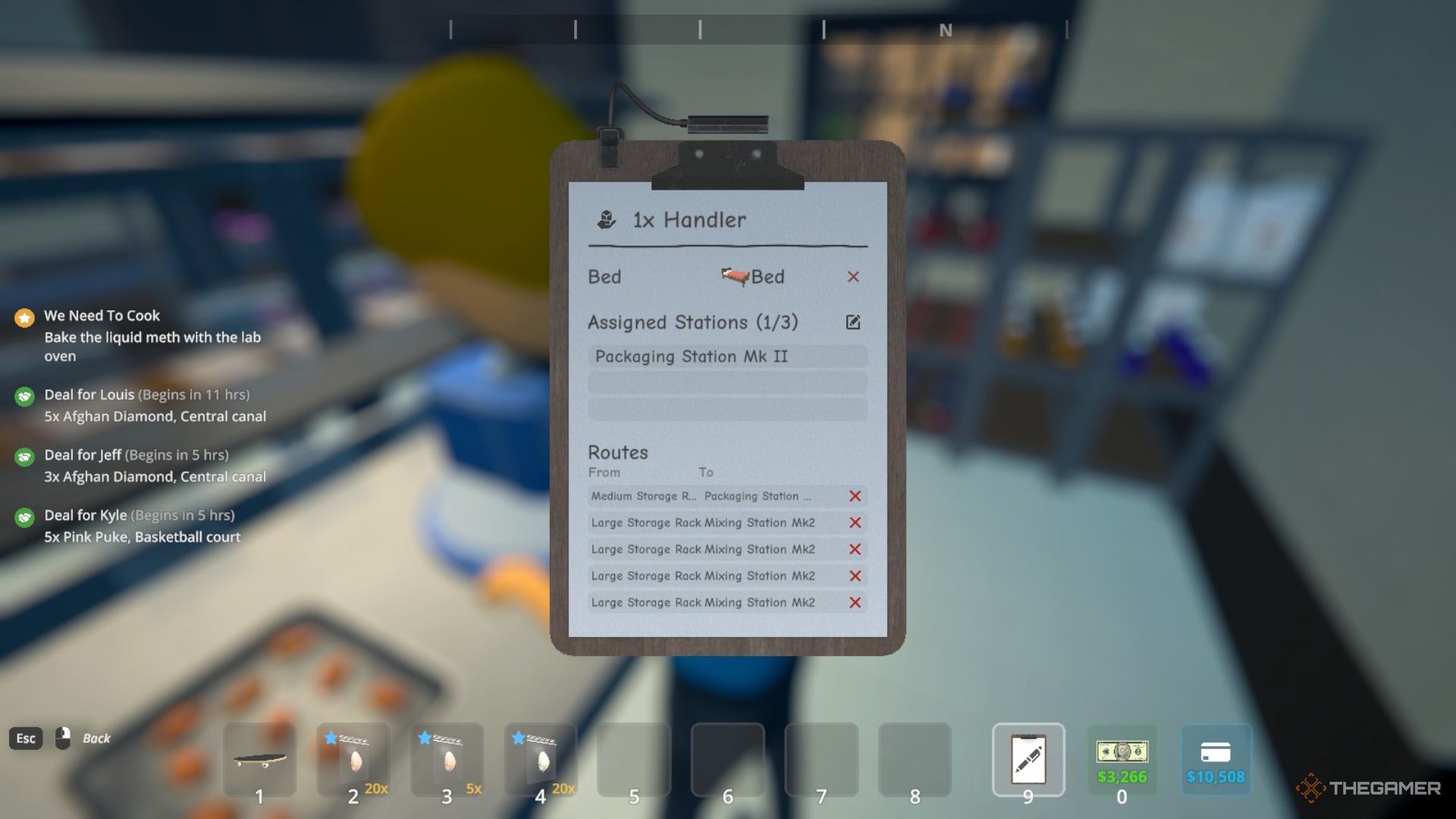 Player character using a Management Clipboard to assign different routes to a Handler employee in Schedule 1.