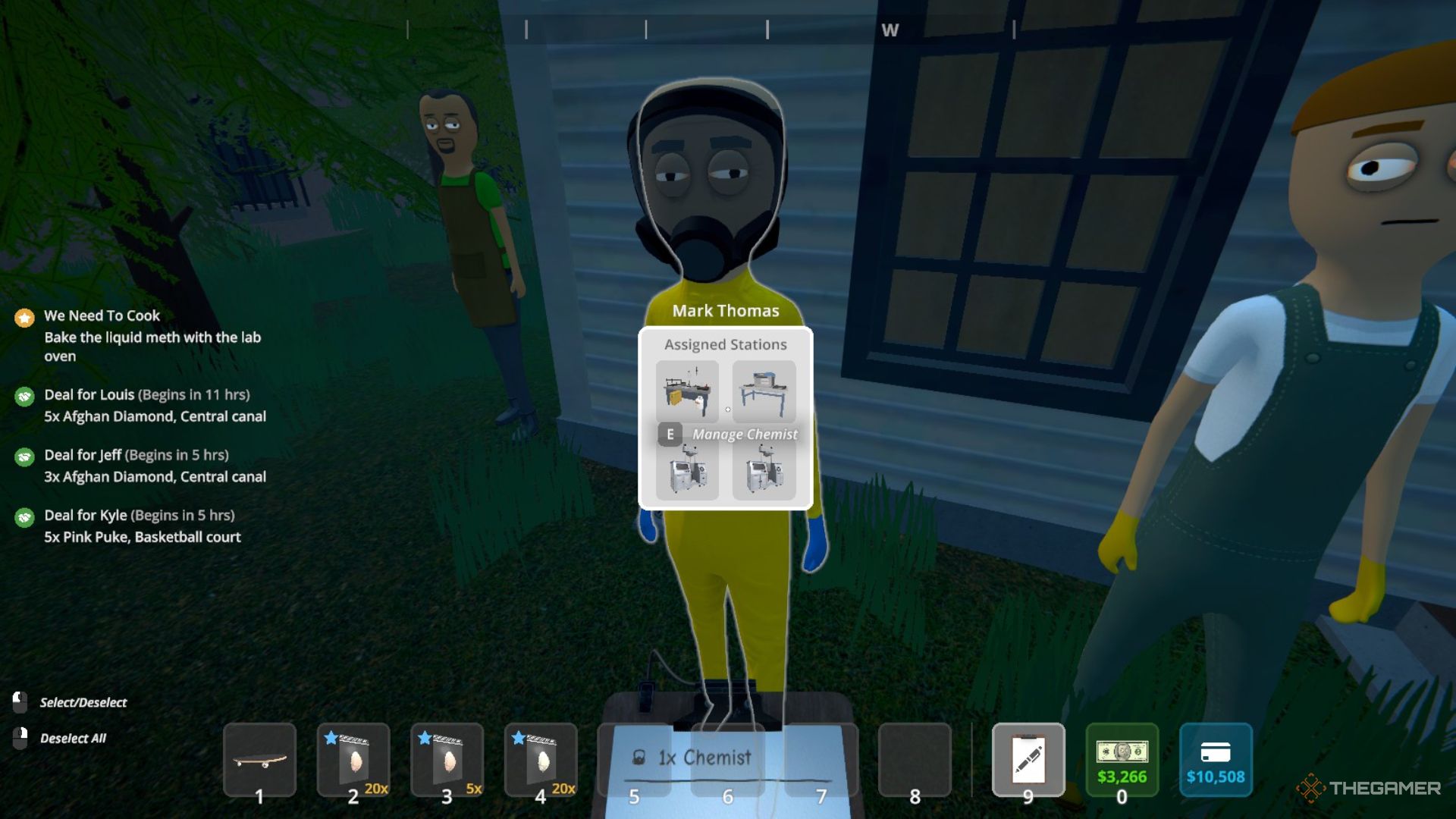 Player character holding a Management Clipboard near a Chemist to see their assigned stations in Schedule 1.