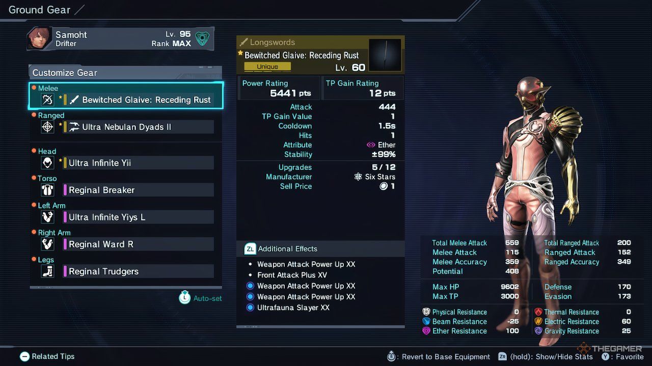 The ground gear screen showcasing an endgame build in Xenoblade Chronicles X: Definitive Edition.