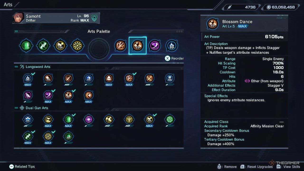 The arts menu showcasing the Blossom Dance Longsword Art in Xenoblade Chronicles X: Definitive Edition.