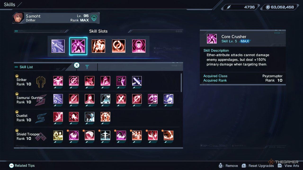 The skill menu showcasing the Core Crusher skill in Xenoblade Chronicles X: Definitive Edition.