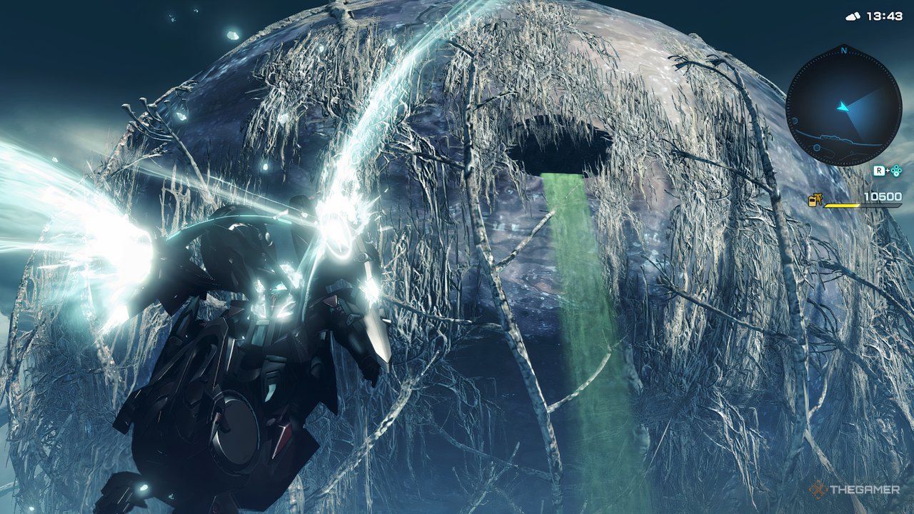A Skell flying toward the opening in the giant bubble overlooking Sylvalum in Xenoblade Chronicles X: Definitive Edition.