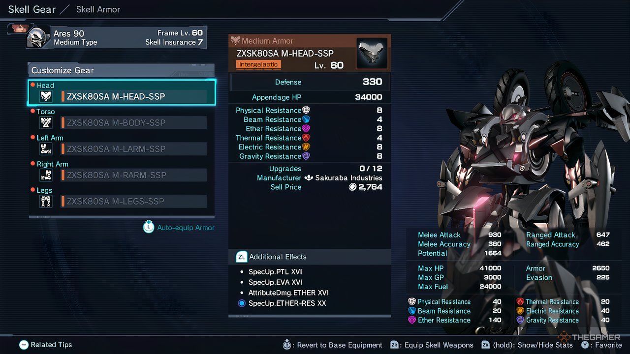 The armor customization menu for the Ares 90 Skell in Xenoblade Chronicles X: Definitive Edition.