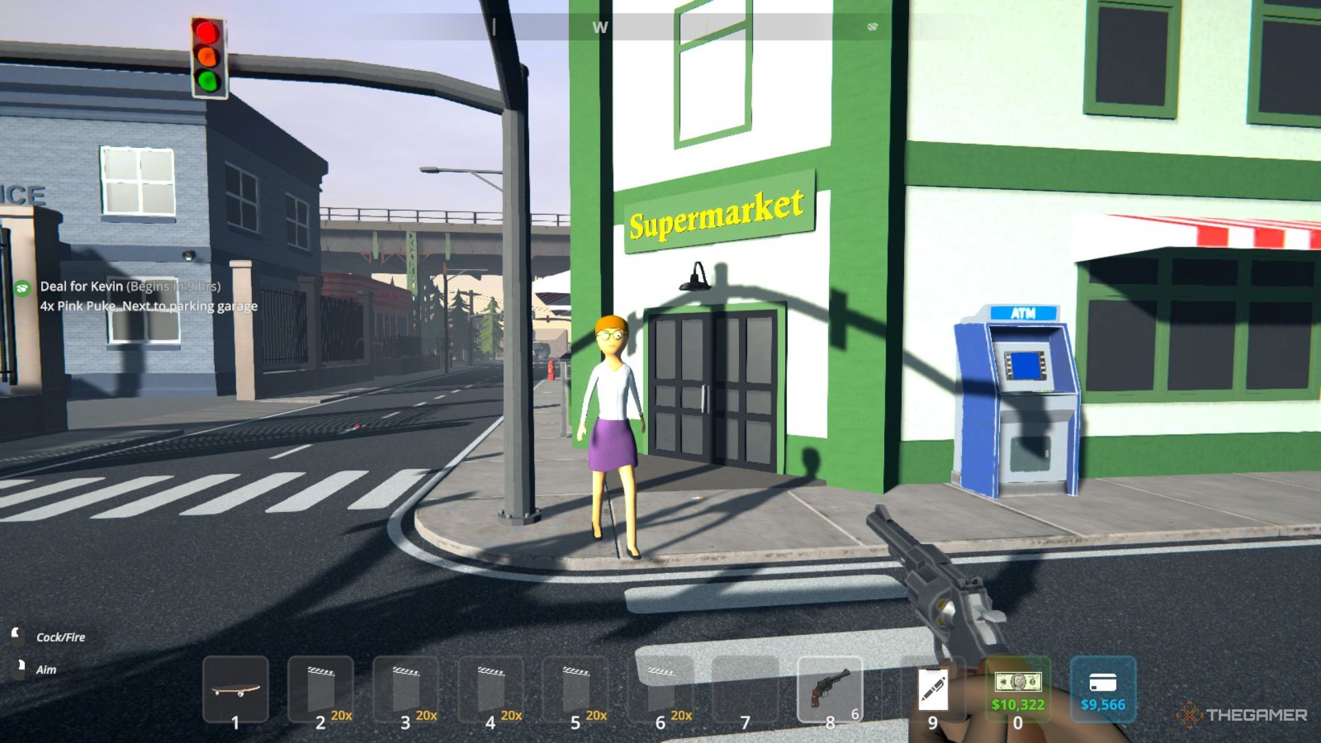 Player character aiming a Revolver at an NPC during the day in Schedule 1.