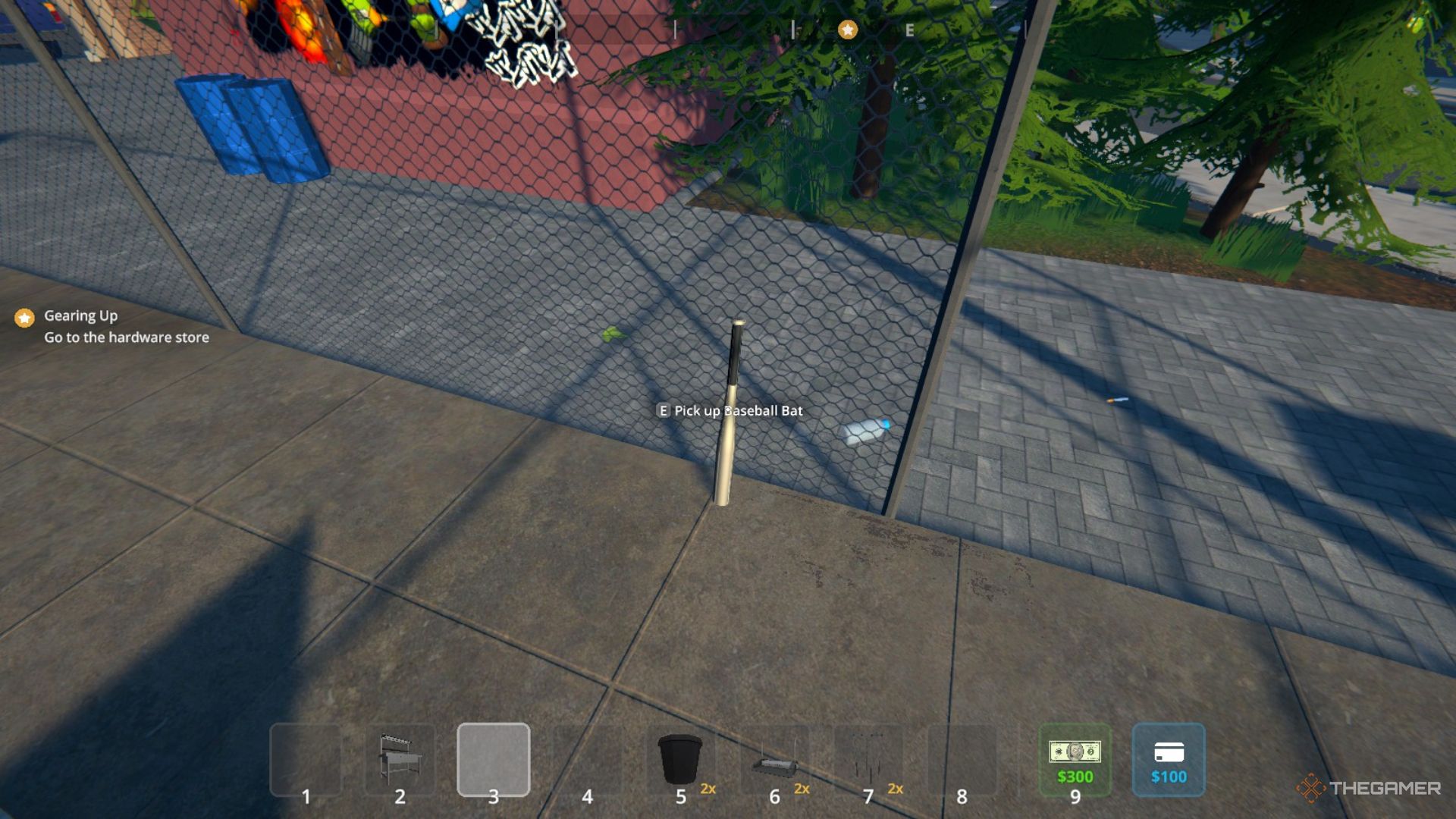 Player character looking down at a baseball bat they can pick up by a fence in Schedule 1.