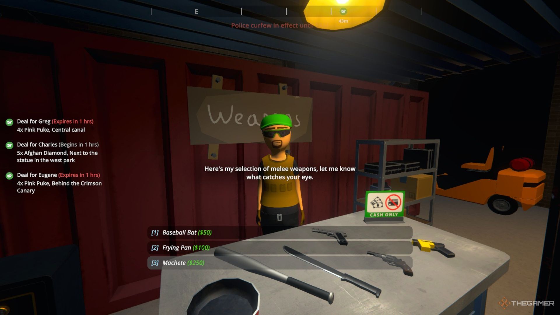Player character buying a Machete from Stan's Weapon Shop in the Warehouse in Schedule 1.
