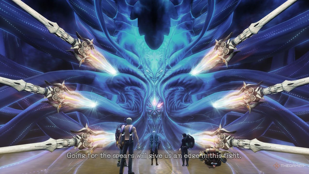 Void in ascended form with multiple spears lodged in him in xenoblade chronicles x definitive edition.