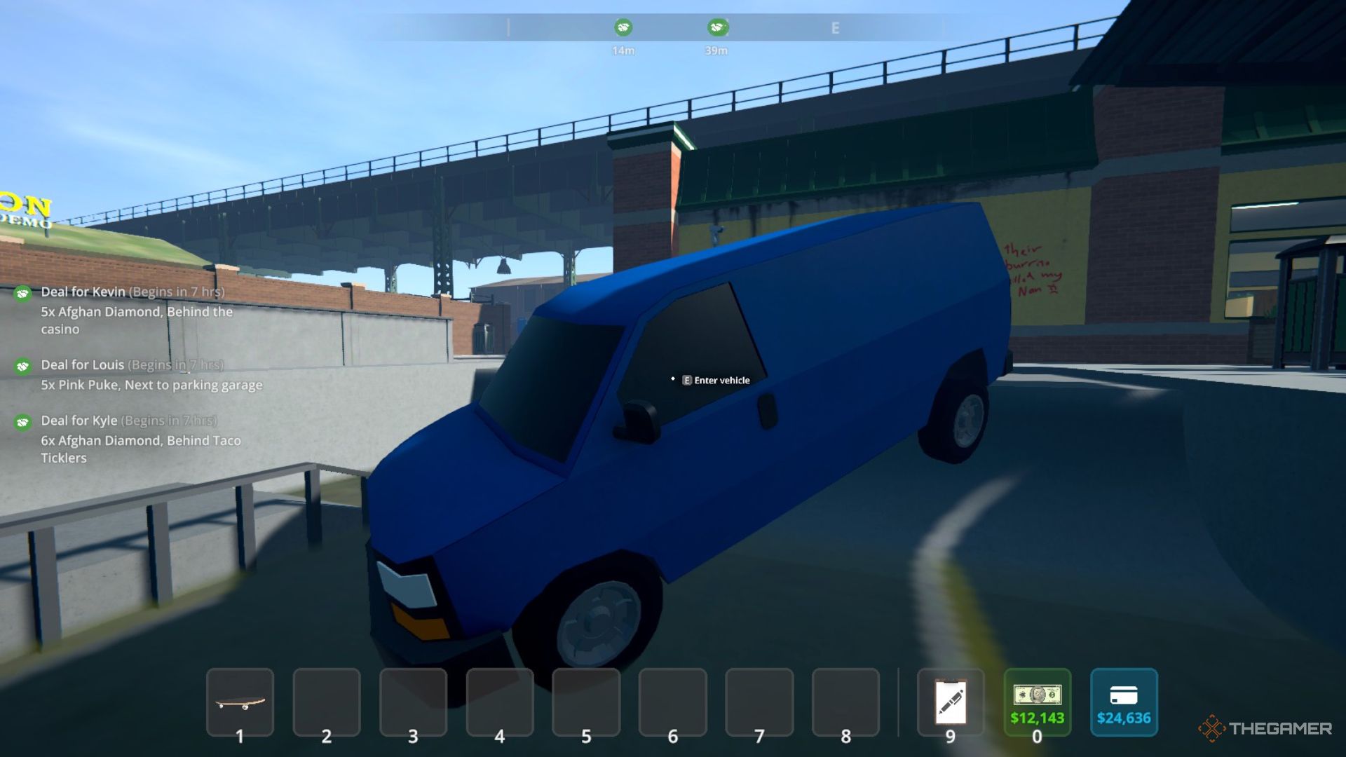 Player character looking at a blue Veeper van stuck in the Skatepart in Schedule 1.