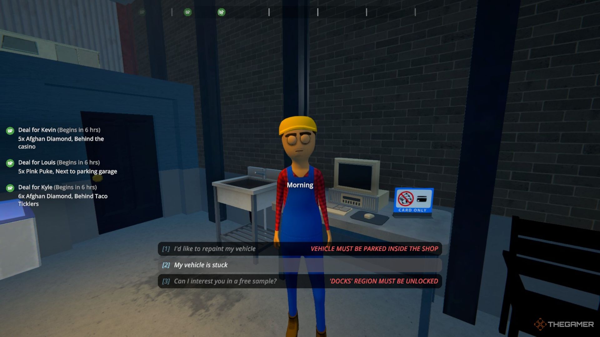 Player character talking to Marco in his Auto Shop in the morning in Schedule 1.