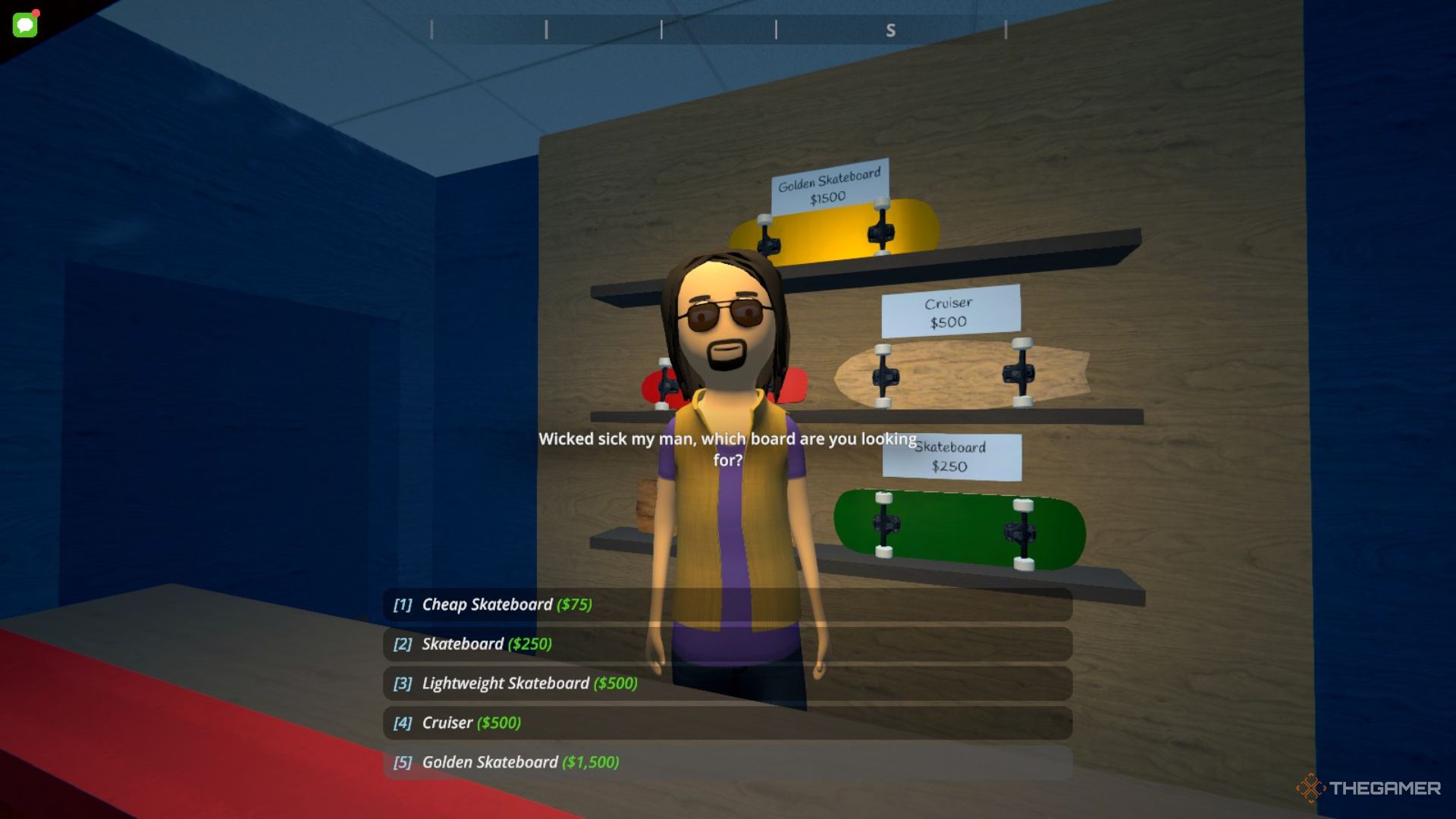 Player character speaking to Jeff at the Skateshop and buying a Golden Skateboard in Schedule 1.