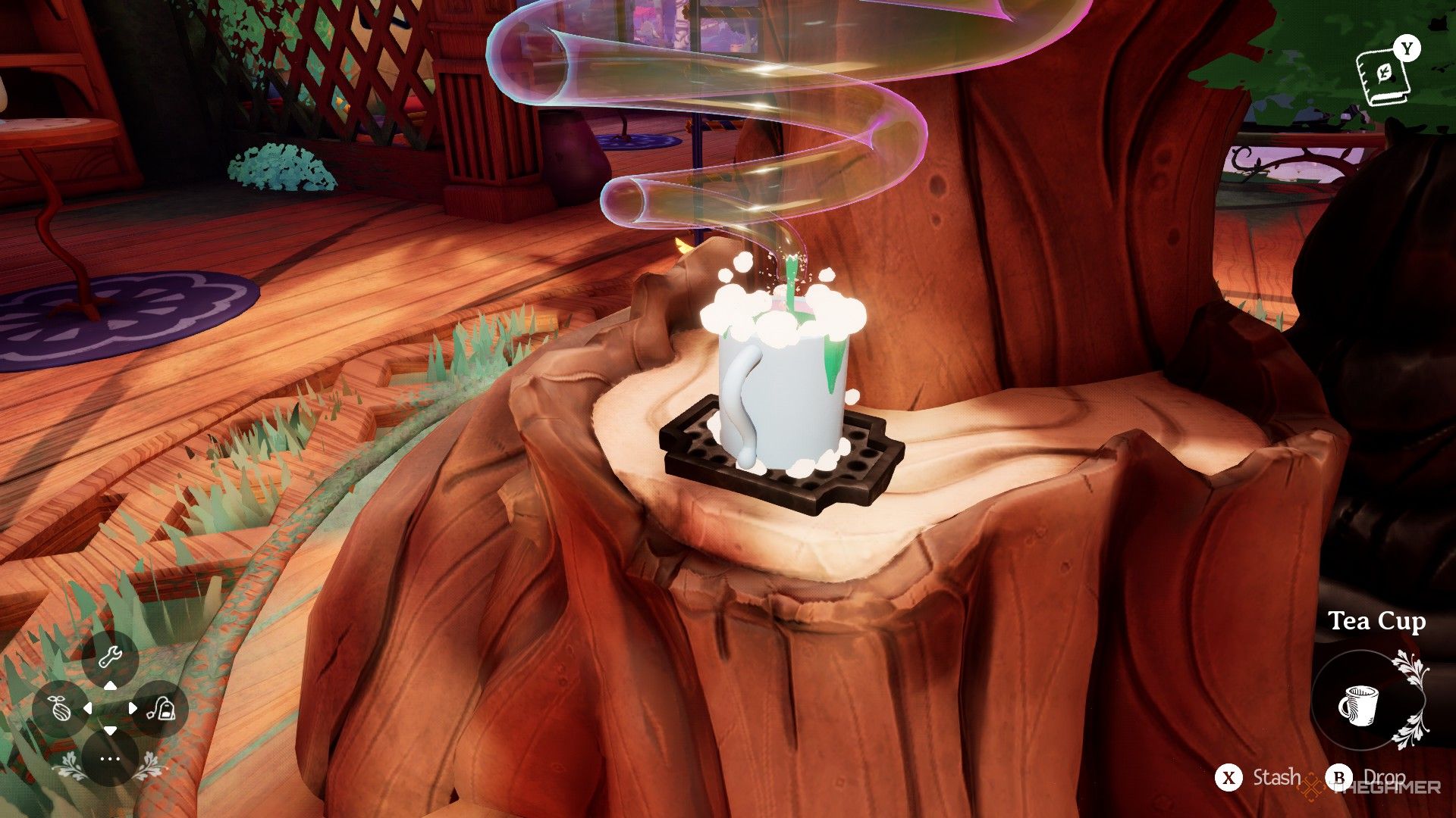 A small amount of tea overflows the rim of a cup in Wanderstop. 