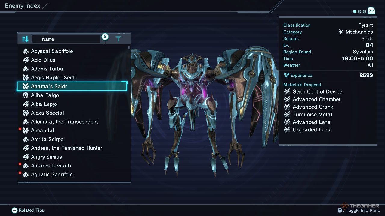 Ahama's Seidr in the enemy index in xenoblade chronicles x definitive edition.