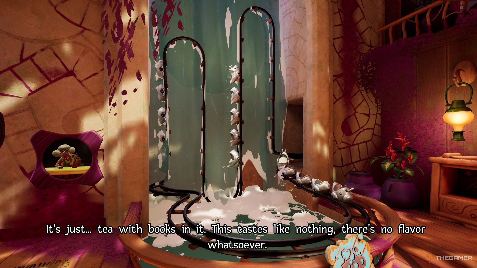 The waterfall dishwasher in Wanderstop, with a conveyer belt of cups. 