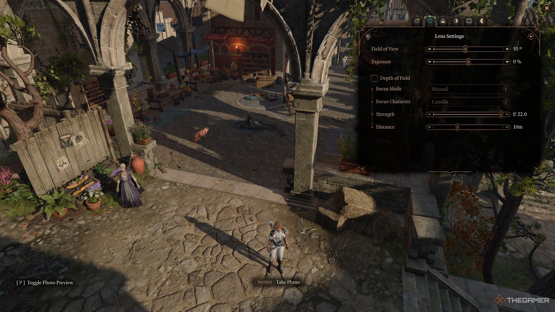 Player looks over the city campsite during photo mode in Baldur's Gate 3.