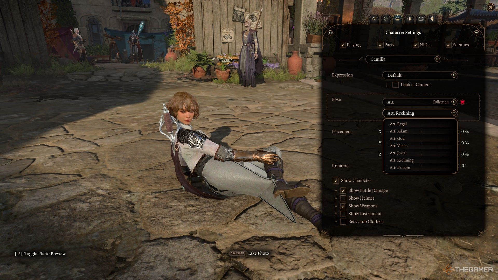 Player poses artistically, looking over their shoulder on the ground in Photo Mode in Baldur's Gate 3.