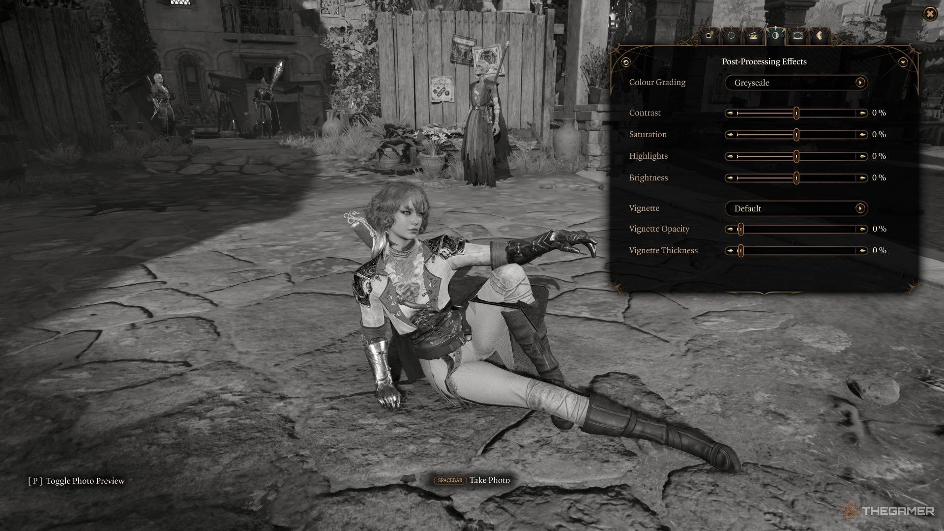 Player poses in greyscale during Photo Mode exploration in Baldur's Gate 3.