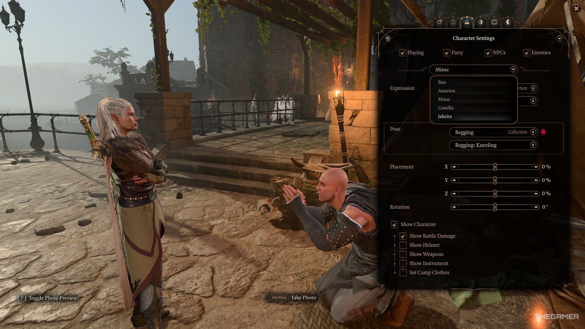 Minsc begs Jaheira for mercy while player chooses their character focus in photo mode in Baldur's Gate 3.