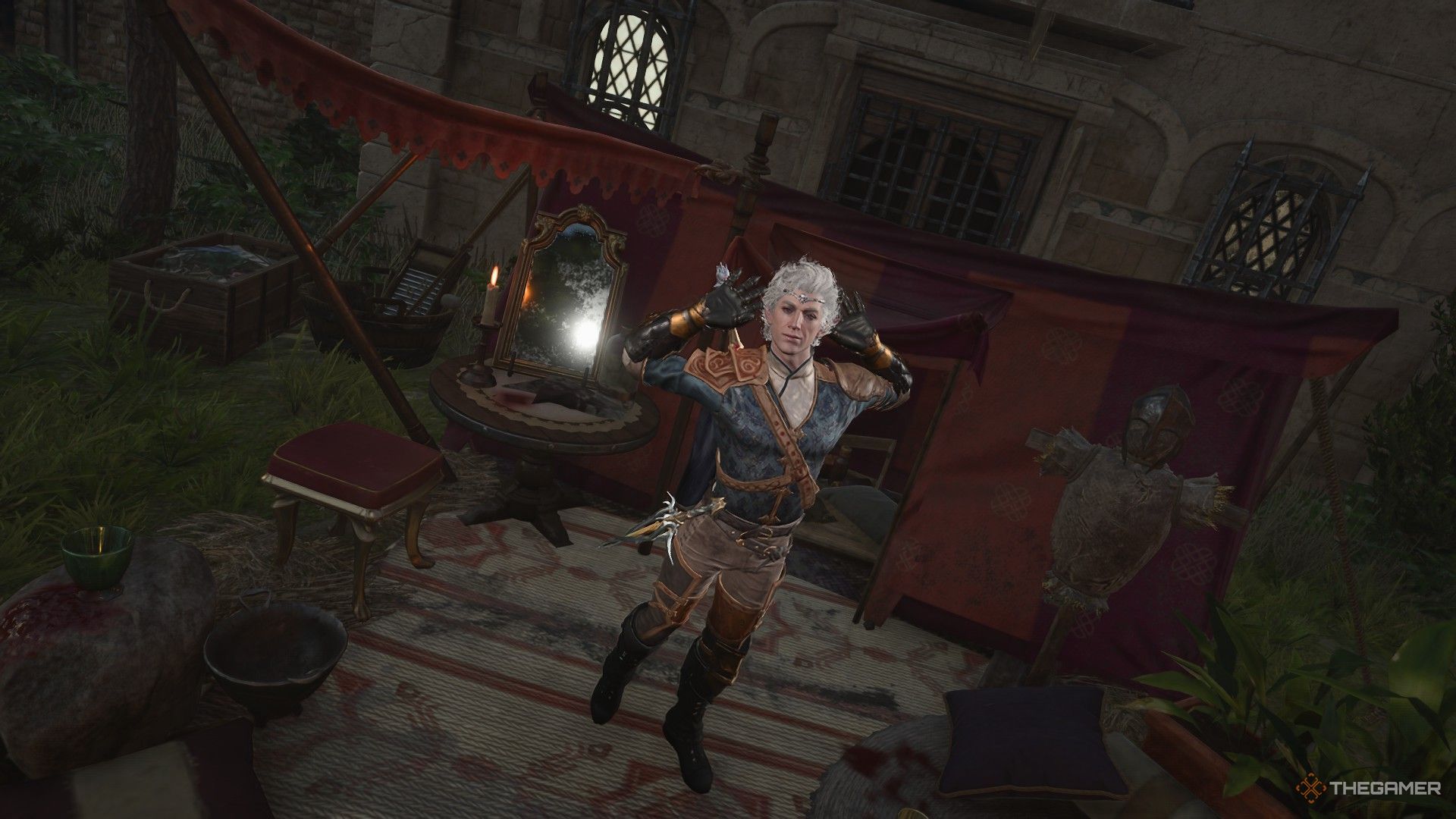 Dancing Astarion poses at his camp tent in photo mode in Baldur's Gate 3.