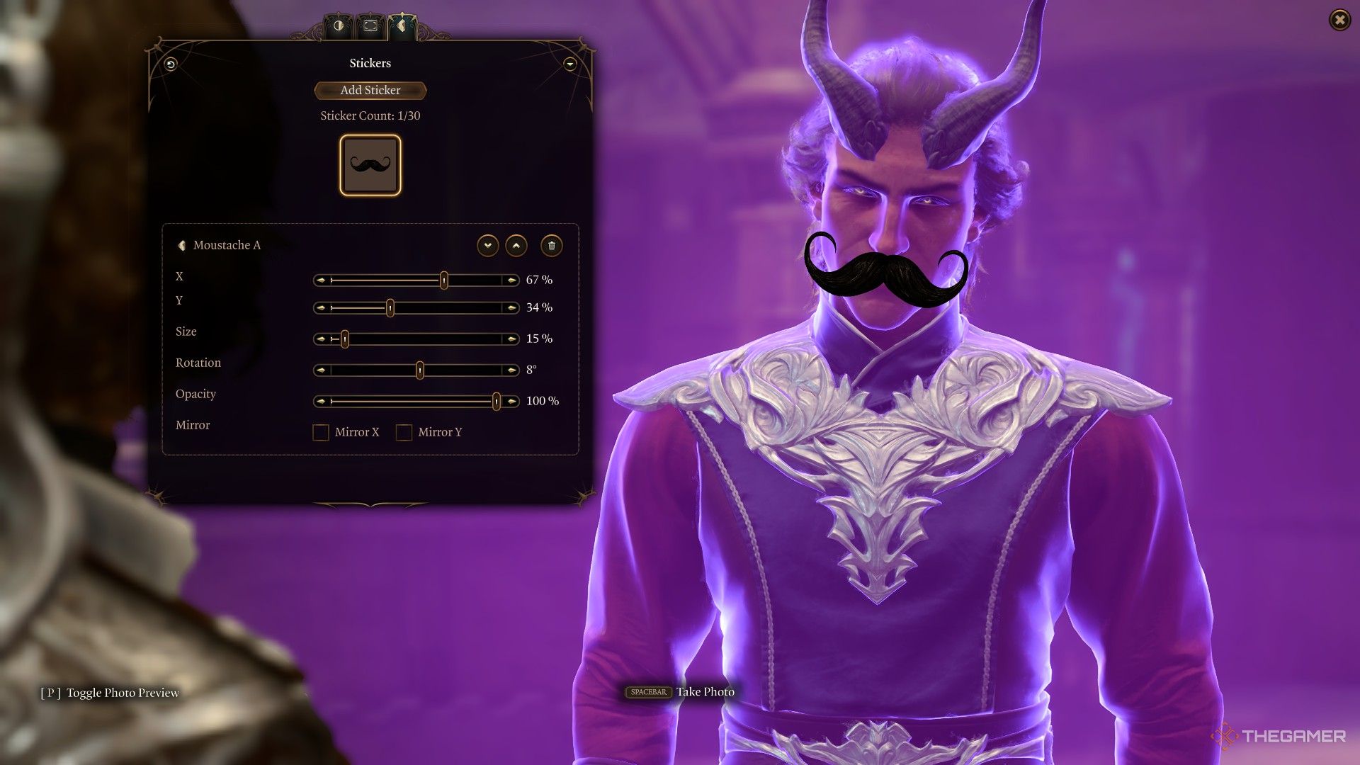 Player uses Photo Mode to put a moustache on Rolan's mirror image in Baldur's Gate 3.