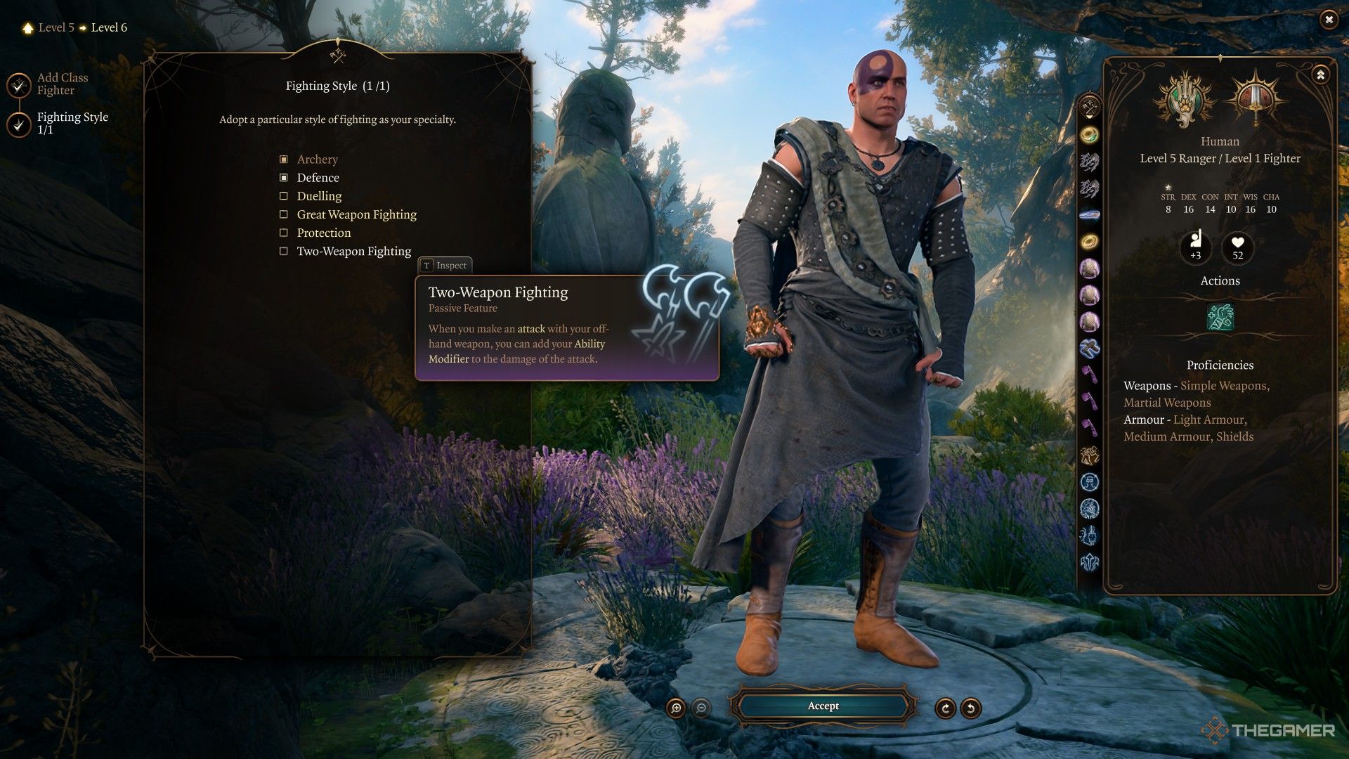 Swarmkeeper Ranger Minsc considers multiclassing into Fighter for Two-Weapon Fighting feat in Baldur's Gate 3.