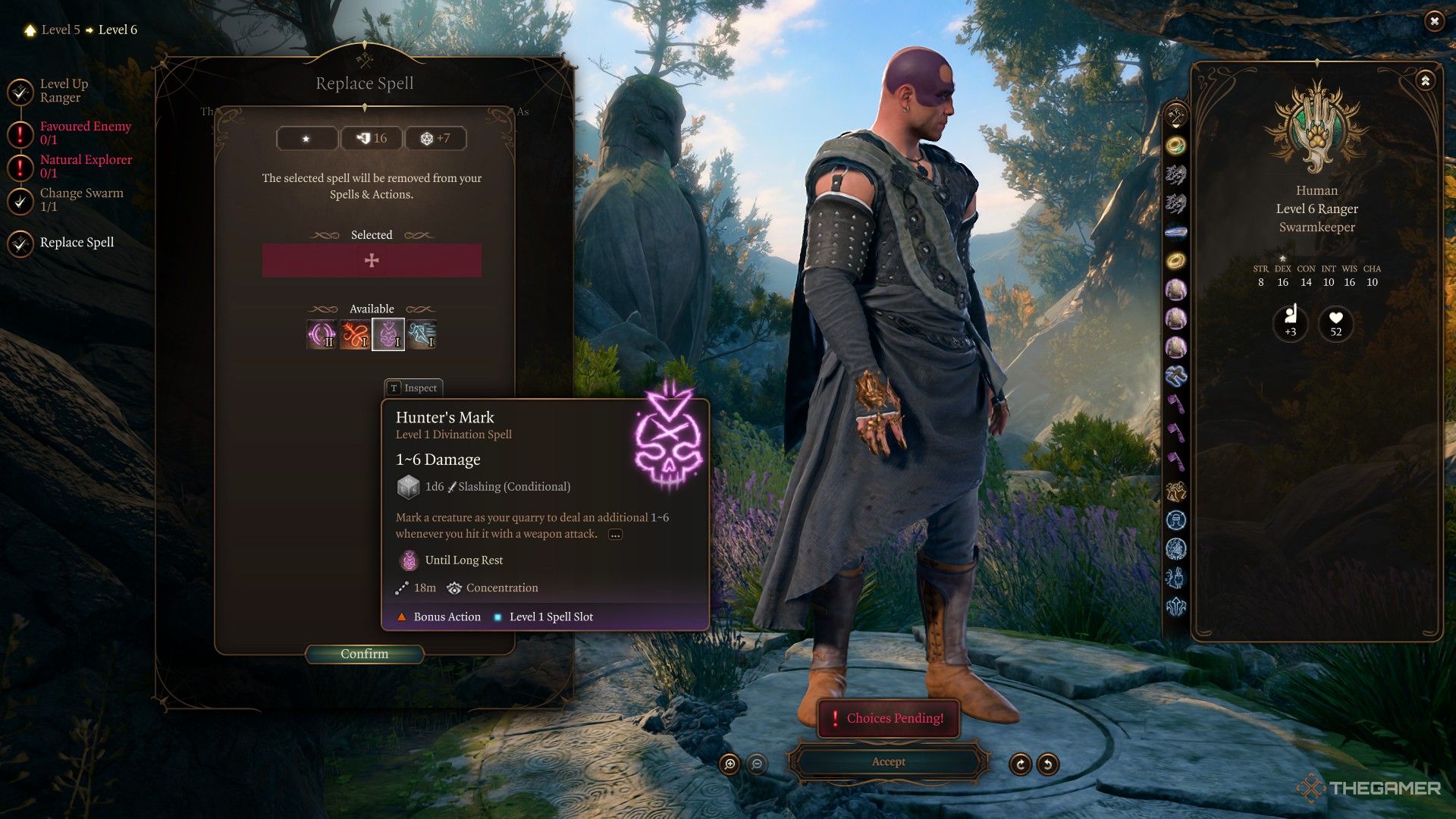Swarmkeeper Ranger Minsc inspects the Hunter's Mark spell during level up in Baldur's Gate 3.