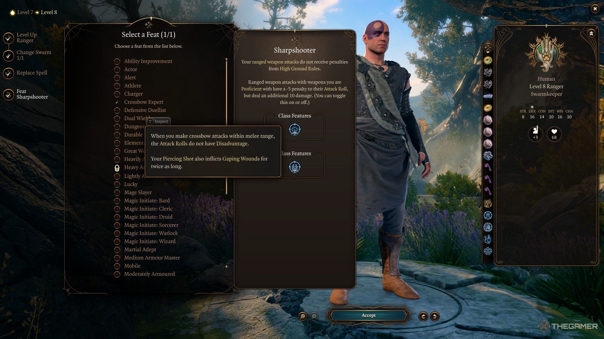 Swarmkeeper Ranger Minsc takes the Crossbow Expert and Sharpshooter features in Baldur's Gate 3.