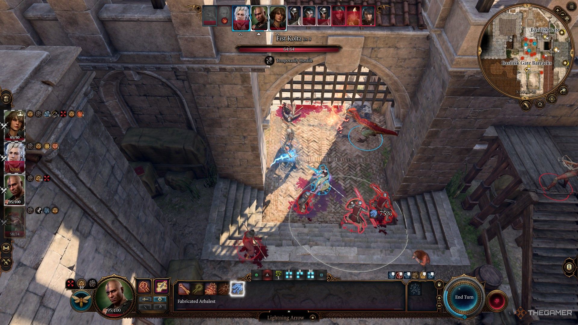Swarmkeeper Ranger Minsc prepares to use Lightning Arrow on guards in Baldur's Gate 3.