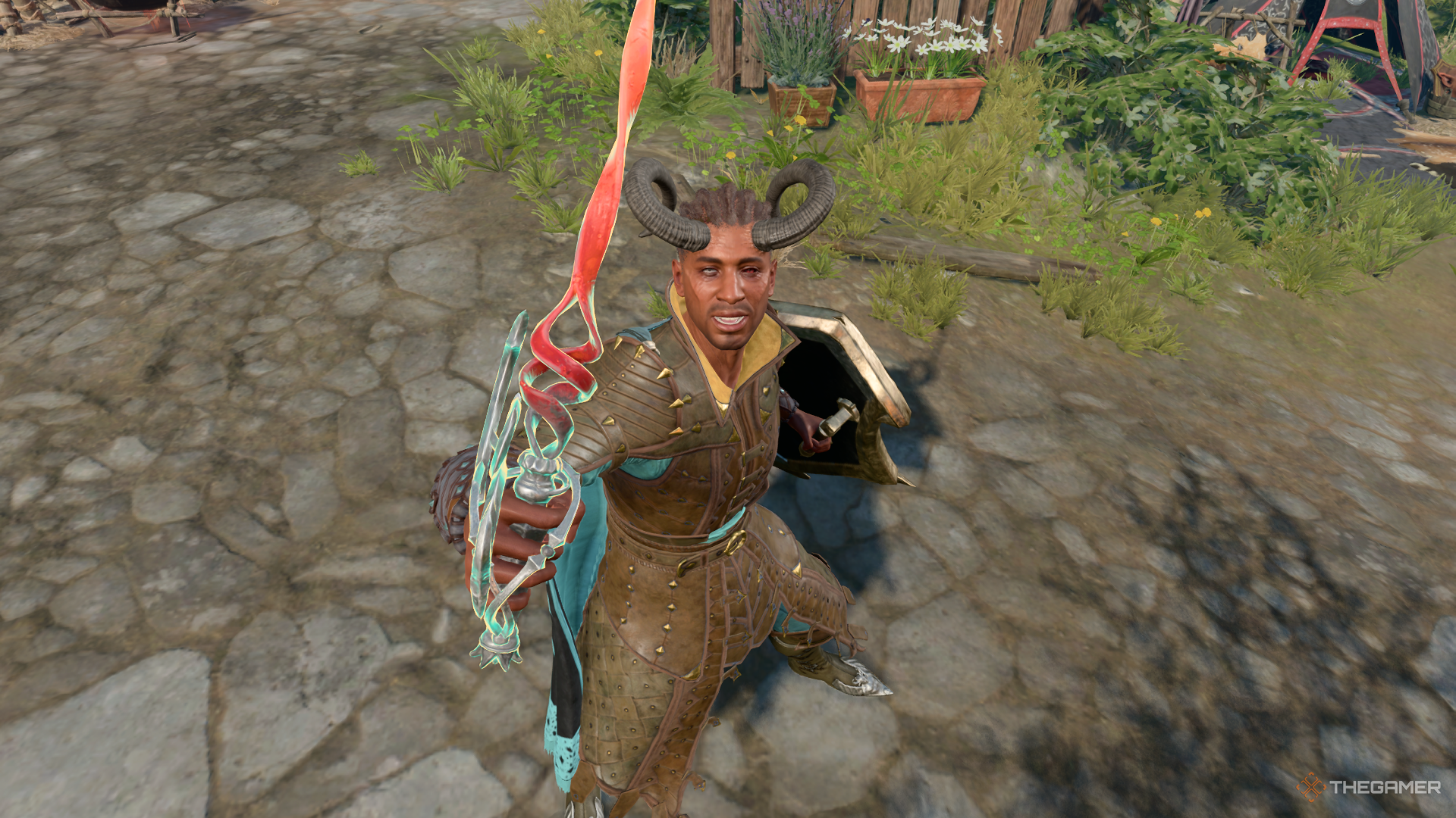 Baldur's Gate 3 image showing Wyll holding his weapon.